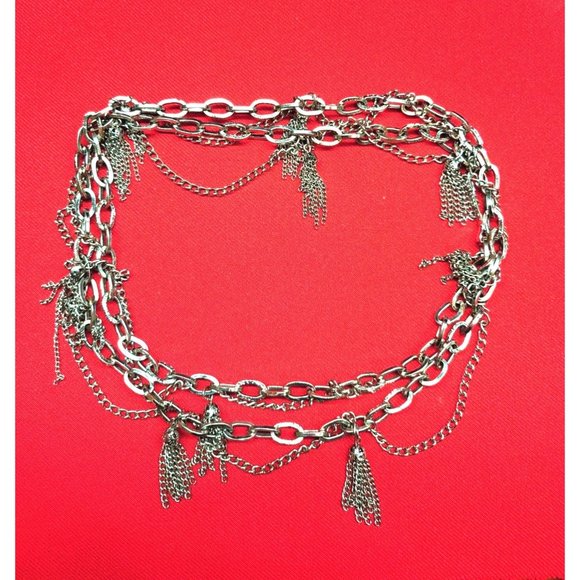 Long Silver Pewter Tone Long Chain Necklace with Accent Tassels - Picture 1 of 8